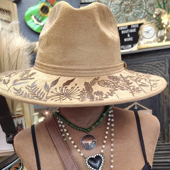 Floral Hand Burned Tan Hat - Picture 4 of 4